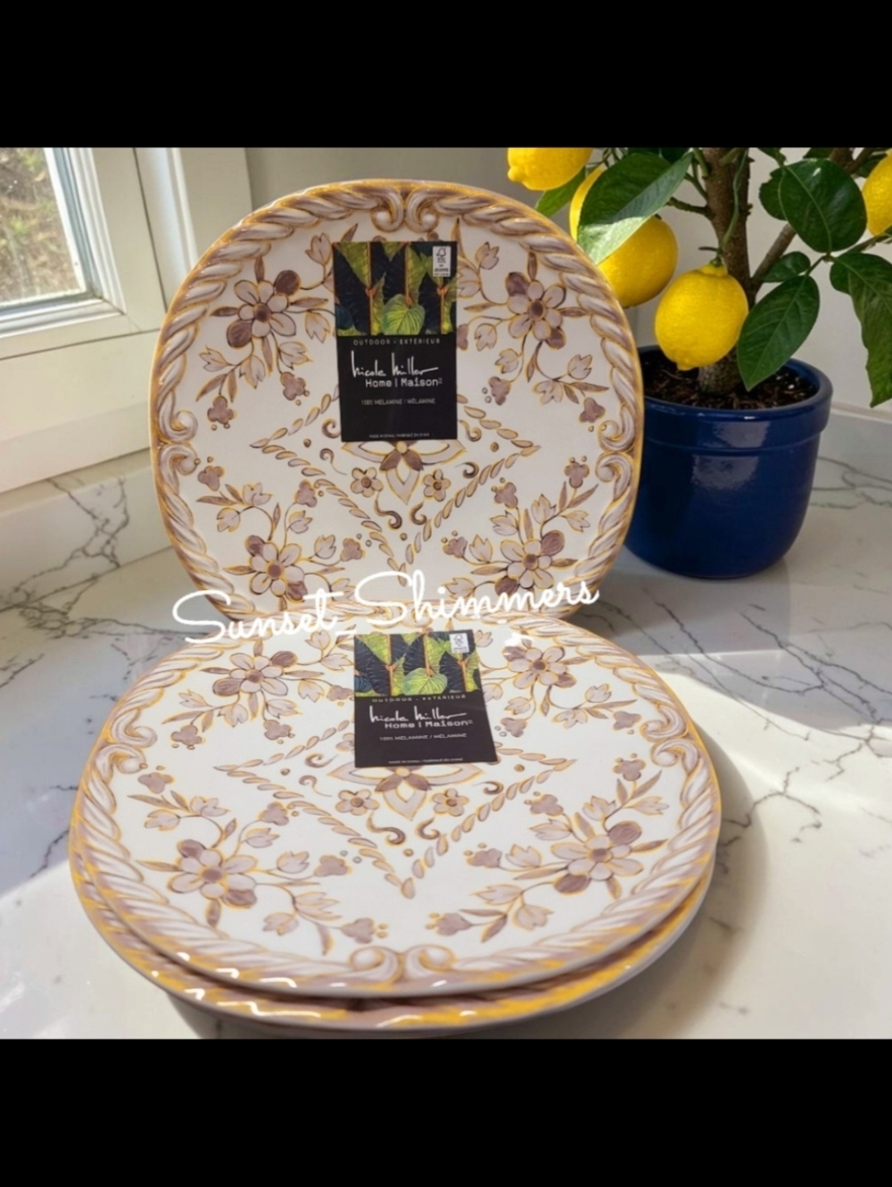 4 Nicole Miller Tuscan Floral Scroll MELAMINE Salad App Dessert Plate Set New